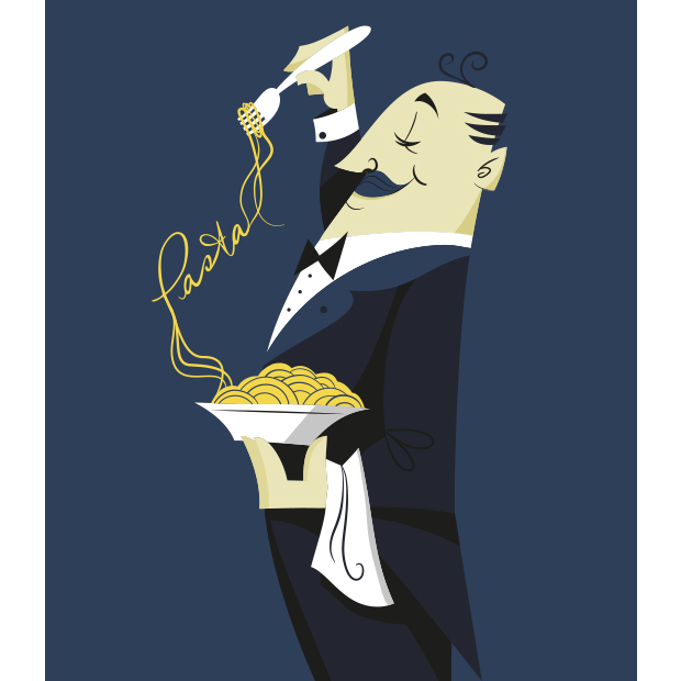 Italian waiter serving pasta – spaghetti – Retro vector illustration