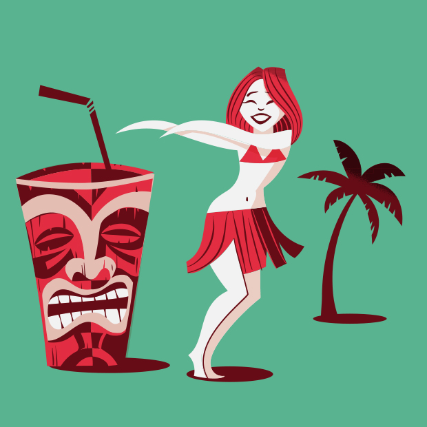 vector illustration – hawaiian girl dancing with tiki mask glass