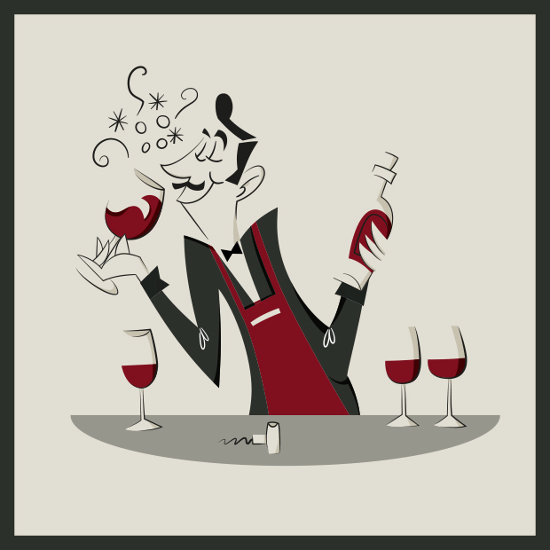 Retro illustration – vintage sommelier with wine glass