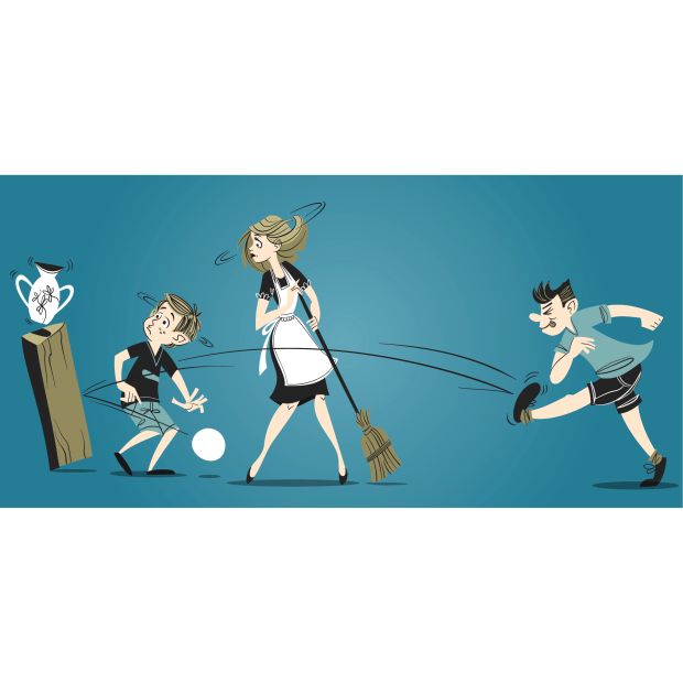 Insurance concept – vector illustration of 2 children play at home with football and break a vase. mom sweeps the floor